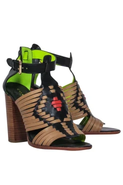 Coach - Brown, Black & Red Woven Leather Open Toe Block Heel Pumps Sz 7.5