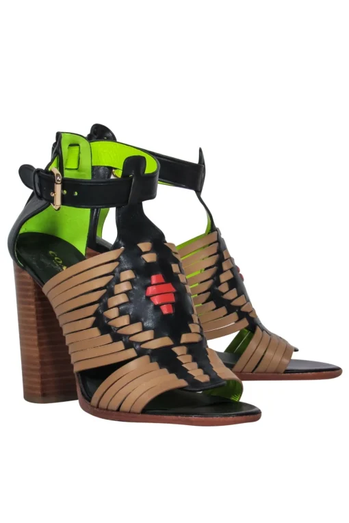 Coach - Brown, Black & Red Woven Leather Open Toe Block Heel Pumps Sz 7.5