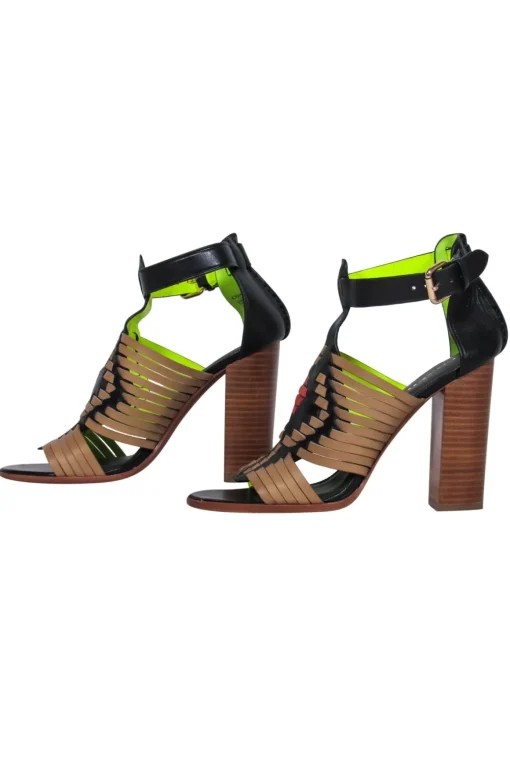Coach - Brown, Black & Red Woven Leather Open Toe Block Heel Pumps Sz 7.5