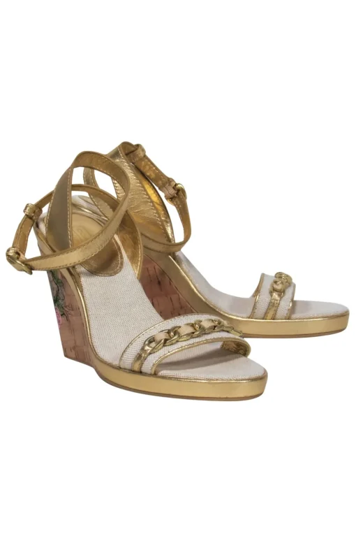 Coach - Gold & Beige Metallic Sparkly Wedges w/ Chain & Floral Logo Graphic Sz 8