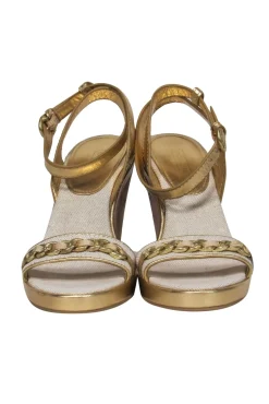 Coach - Gold & Beige Metallic Sparkly Wedges w/ Chain & Floral Logo Graphic Sz 8