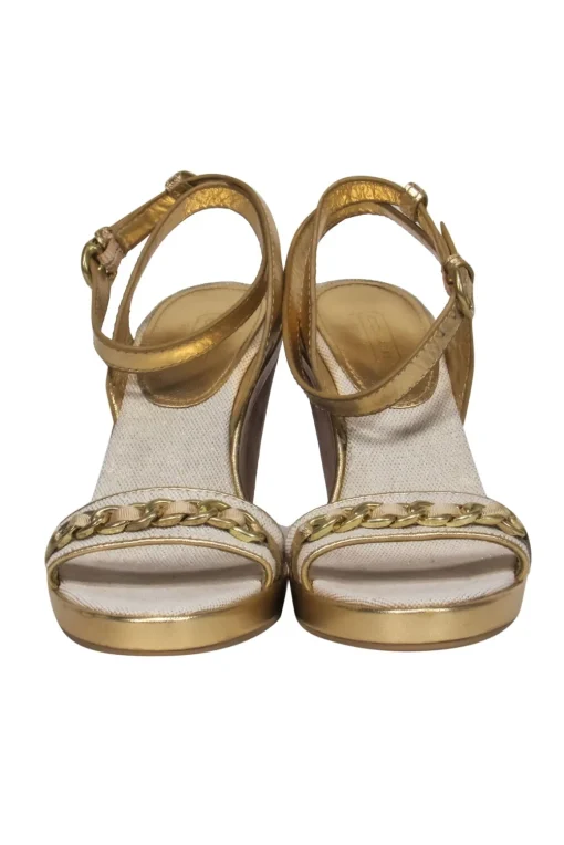 Coach - Gold & Beige Metallic Sparkly Wedges w/ Chain & Floral Logo Graphic Sz 8