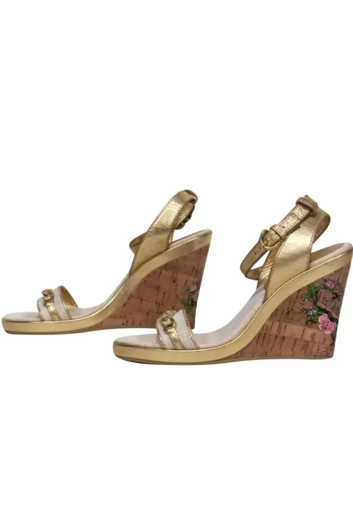 Coach - Gold & Beige Metallic Sparkly Wedges w/ Chain & Floral Logo Graphic Sz 8