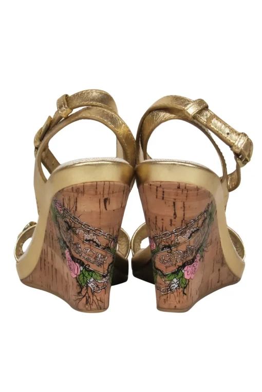 Coach - Gold & Beige Metallic Sparkly Wedges w/ Chain & Floral Logo Graphic Sz 8