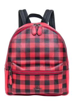 Coach - Red & Black Gingham Print Medium Charlie Backpack