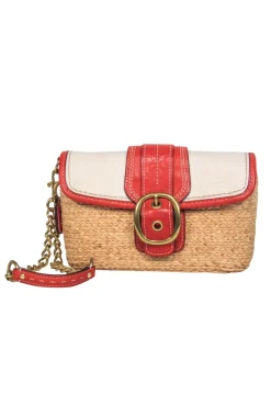 Coach - Tan, Red & Cream Woven Straw & Leather Convertible Wristlet