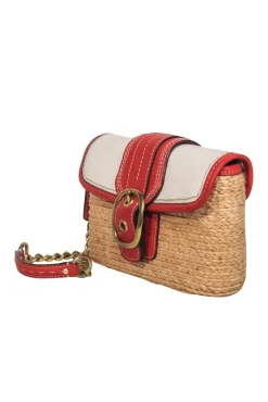 Coach - Tan, Red & Cream Woven Straw & Leather Convertible Wristlet