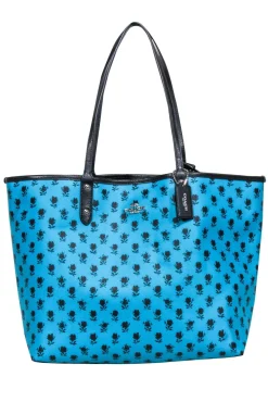 Coach - Turquoise & Black Badlands Floral Print Reversible Tote Bag w/ Pouch