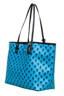 Coach - Turquoise & Black Badlands Floral Print Reversible Tote Bag w/ Pouch