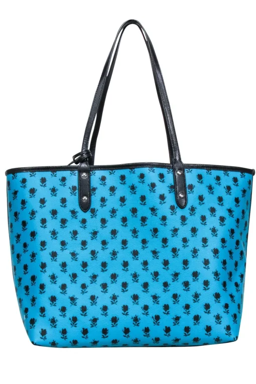 Coach - Turquoise & Black Badlands Floral Print Reversible Tote Bag w/ Pouch