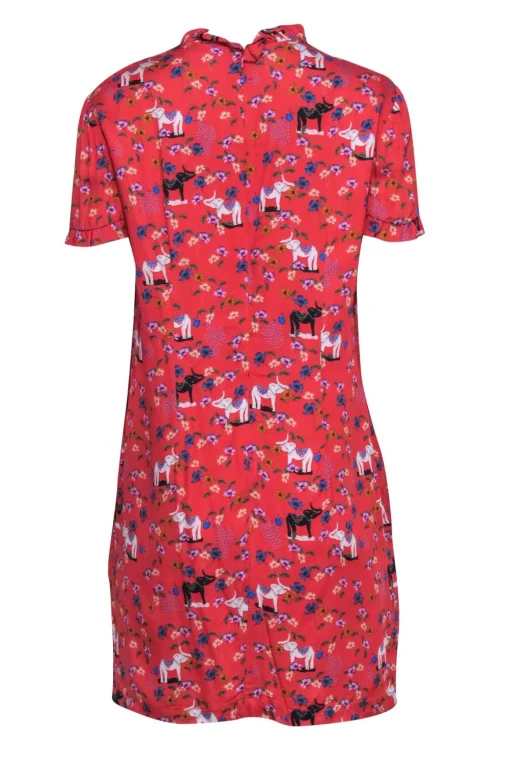 Corey Lynn Calter - Red Elephant & Flower Print Short Sleeve Shift Dress Sz S