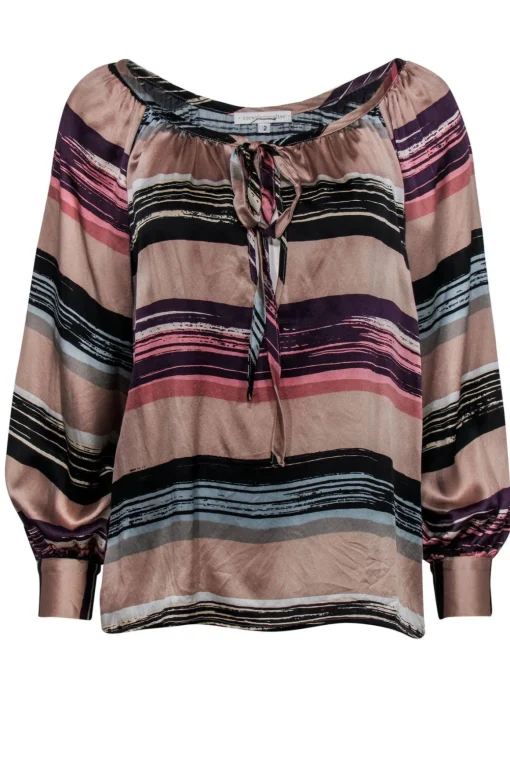 Corey Lynn Calter - Tan & Purple Striped Silk Peasant Top Sz 2