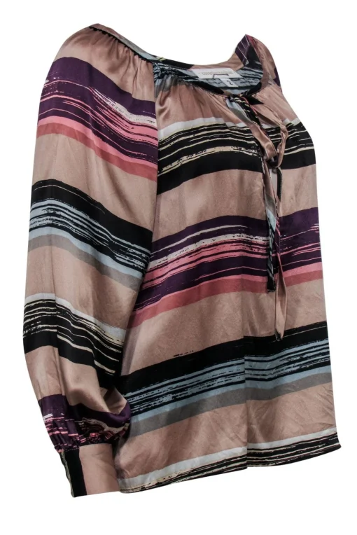Corey Lynn Calter - Tan & Purple Striped Silk Peasant Top Sz 2