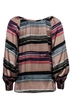 Corey Lynn Calter - Tan & Purple Striped Silk Peasant Top Sz 2