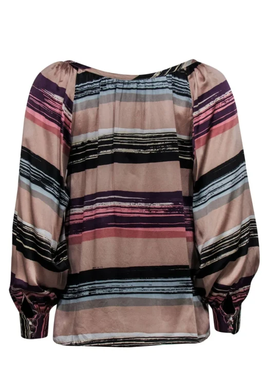 Corey Lynn Calter - Tan & Purple Striped Silk Peasant Top Sz 2