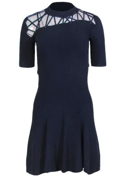 Cushnie et Ochs - Navy Ribbed Flared Dress w/ Crisscross Neckline Sz S