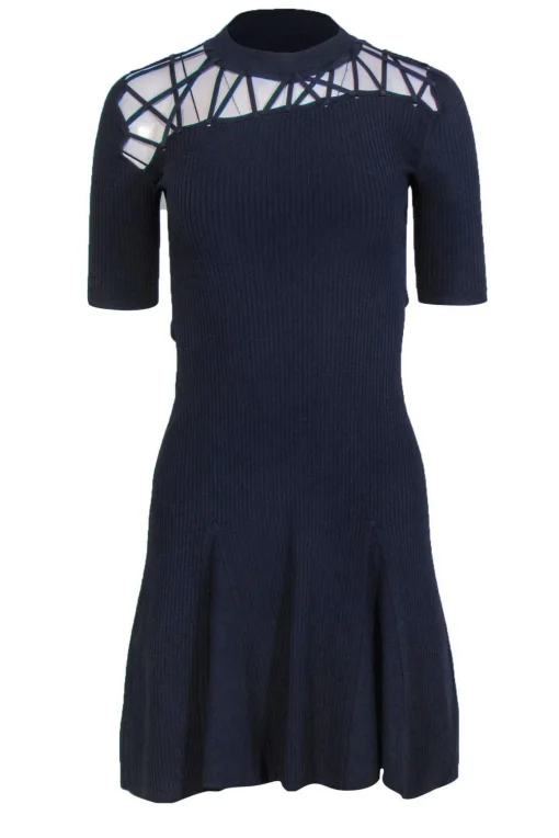 Cushnie et Ochs - Navy Ribbed Flared Dress w/ Crisscross Neckline Sz S