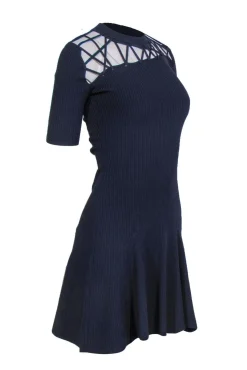 Cushnie et Ochs - Navy Ribbed Flared Dress w/ Crisscross Neckline Sz S
