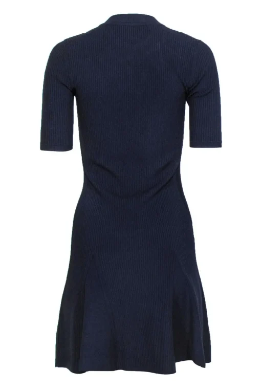 Cushnie et Ochs - Navy Ribbed Flared Dress w/ Crisscross Neckline Sz S