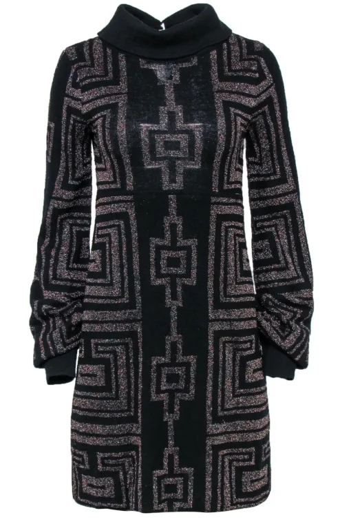 Custo Barcelona - Black Sparkly Geometric Print Turtleneck Sweater Dress Sz M