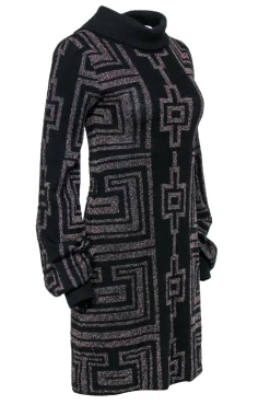 Custo Barcelona - Black Sparkly Geometric Print Turtleneck Sweater Dress Sz M