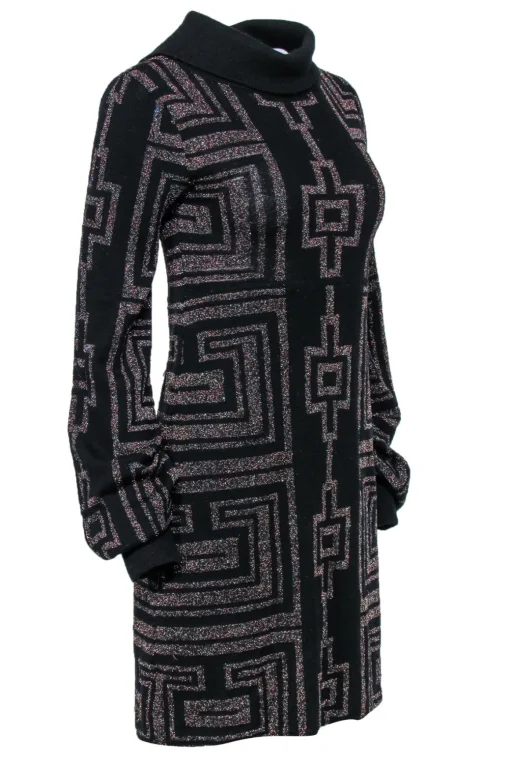 Custo Barcelona - Black Sparkly Geometric Print Turtleneck Sweater Dress Sz M