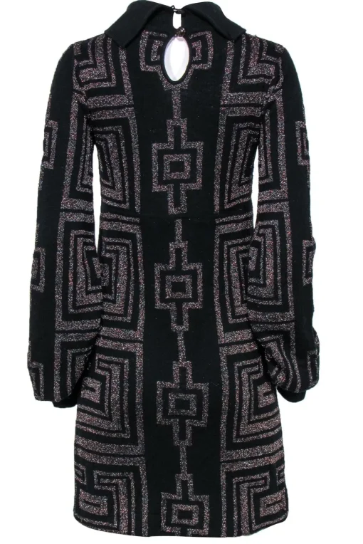 Custo Barcelona - Black Sparkly Geometric Print Turtleneck Sweater Dress Sz M