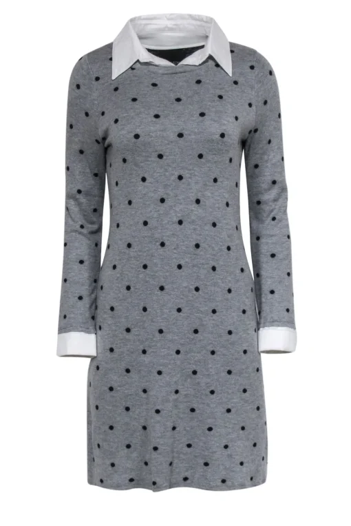 Cynthia Rowley - Grey & Black Polka Dot Collared Sweater Dress Sz M