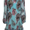 Cynthia Rowley - Turquoise w/ Metallic Fish Pattern Chiffon Mini Dress Sz 10