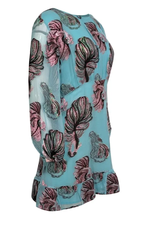 Cynthia Rowley - Turquoise w/ Metallic Fish Pattern Chiffon Mini Dress Sz 10
