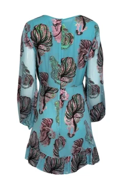 Cynthia Rowley - Turquoise w/ Metallic Fish Pattern Chiffon Mini Dress Sz 10