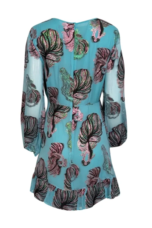 Cynthia Rowley - Turquoise w/ Metallic Fish Pattern Chiffon Mini Dress Sz 10