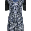 D. Exterior - Blue, Black & White Abstract Print Short Sleeve Knit Bodycon Dress Sz 4