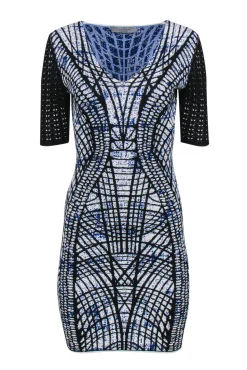 D. Exterior - Blue, Black & White Abstract Print Short Sleeve Knit Bodycon Dress Sz 4