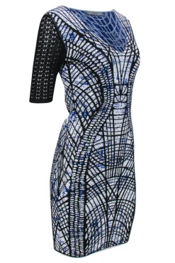 D. Exterior - Blue, Black & White Abstract Print Short Sleeve Knit Bodycon Dress Sz 4