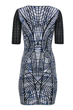 D. Exterior - Blue, Black & White Abstract Print Short Sleeve Knit Bodycon Dress Sz 4