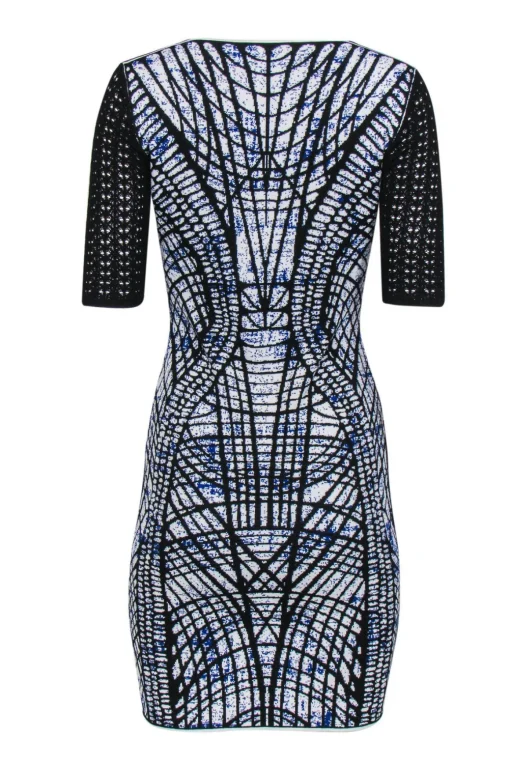 D. Exterior - Blue, Black & White Abstract Print Short Sleeve Knit Bodycon Dress Sz 4