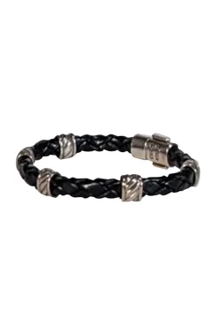 David Yurman - Black Braided Leather Bracelet w/ Sterling Silver Details