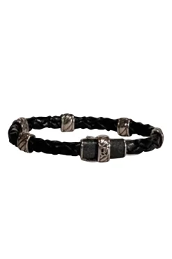 David Yurman - Black Braided Leather Bracelet w/ Sterling Silver Details