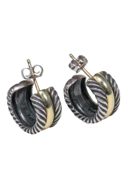 David Yurman - Silver & Gold Etched Small Open Hoop Earrings