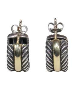 David Yurman - Silver & Gold Etched Small Open Hoop Earrings