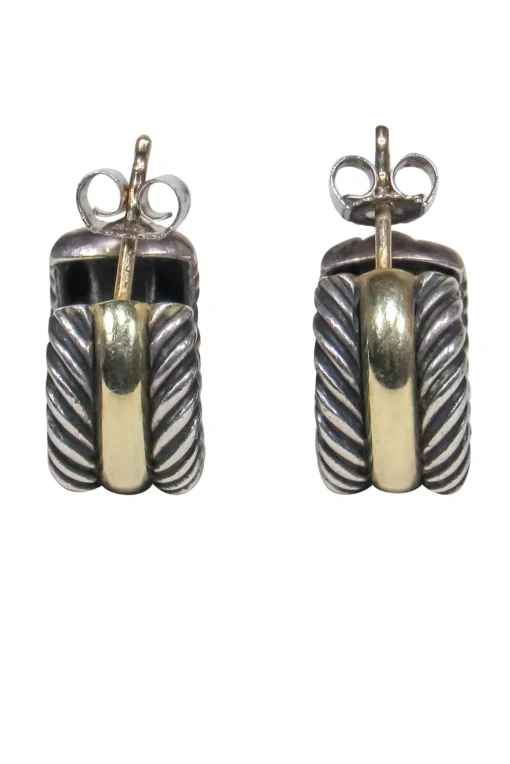 David Yurman - Silver & Gold Etched Small Open Hoop Earrings