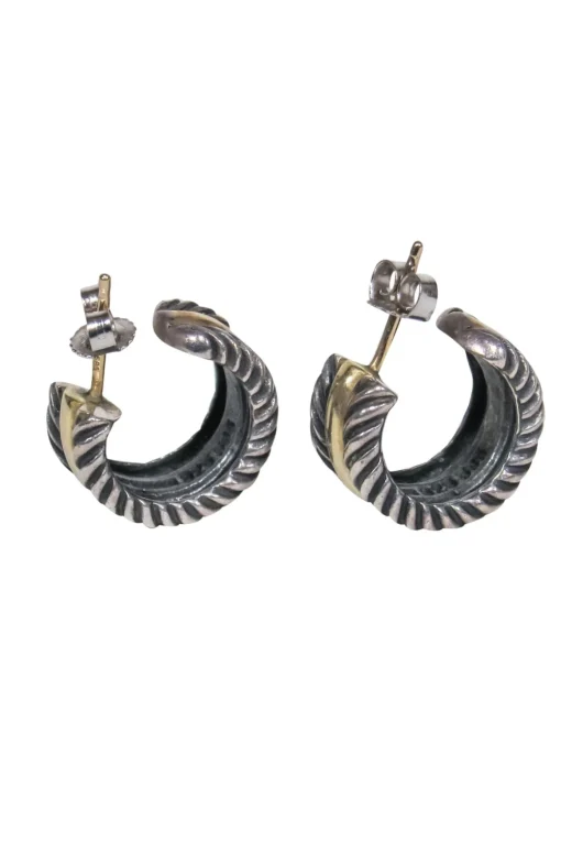 David Yurman - Silver & Gold Etched Small Open Hoop Earrings