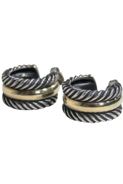 David Yurman - Silver & Gold Etched Small Open Hoop Earrings