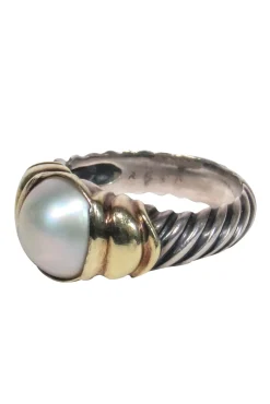 David Yurman - Sterling Silver & Gold Twist Textured Ring w/ Opal Pearl Sz 6.5