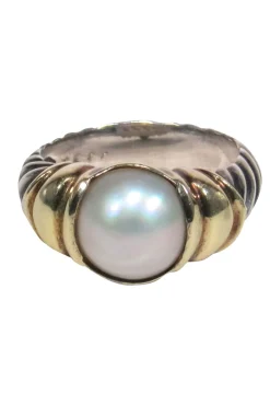 David Yurman - Sterling Silver & Gold Twist Textured Ring w/ Opal Pearl Sz 6.5