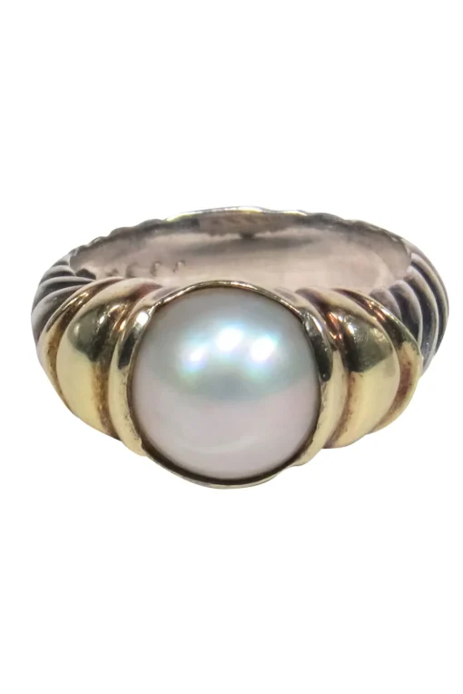 David Yurman - Sterling Silver & Gold Twist Textured Ring w/ Opal Pearl Sz 6.5