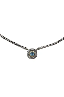 David Yurman - Sterling Silver Chain Link Necklace w/ Twisted Blue Gem Pendant