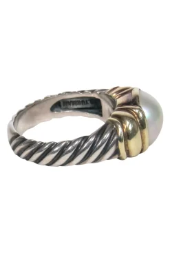 David Yurman - Sterling Silver & Gold Twist Textured Ring w/ Opal Pearl Sz 6.5