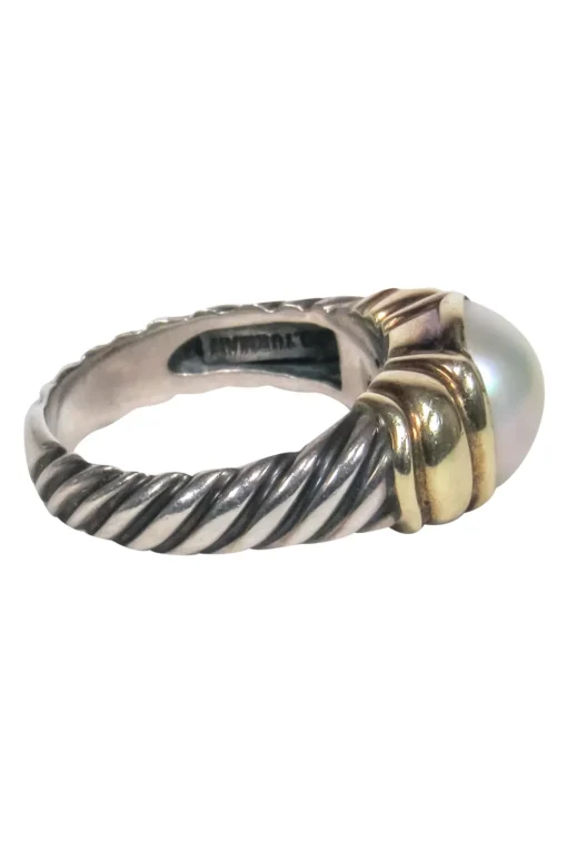 David Yurman - Sterling Silver & Gold Twist Textured Ring w/ Opal Pearl Sz 6.5
